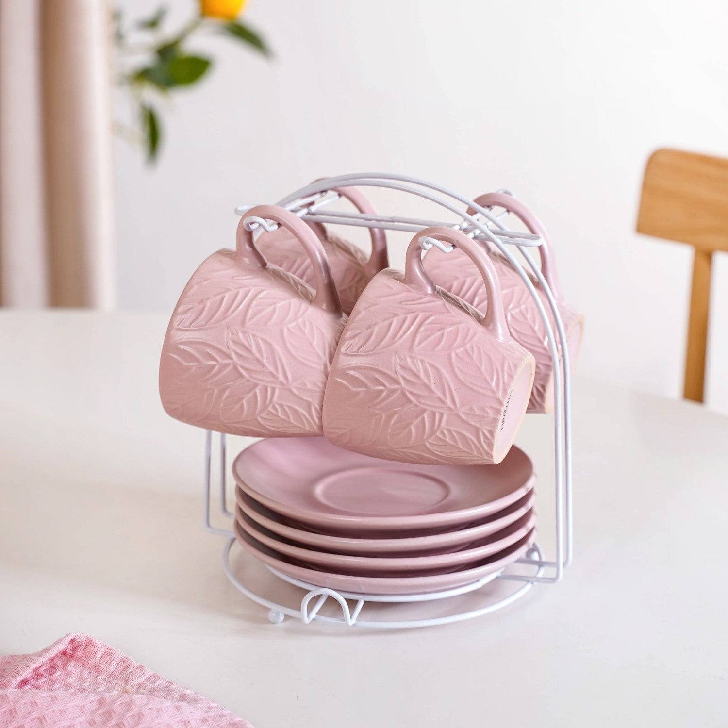 Leaf Embossed Cup And Saucer Set Of 4 With Stand 200ml
