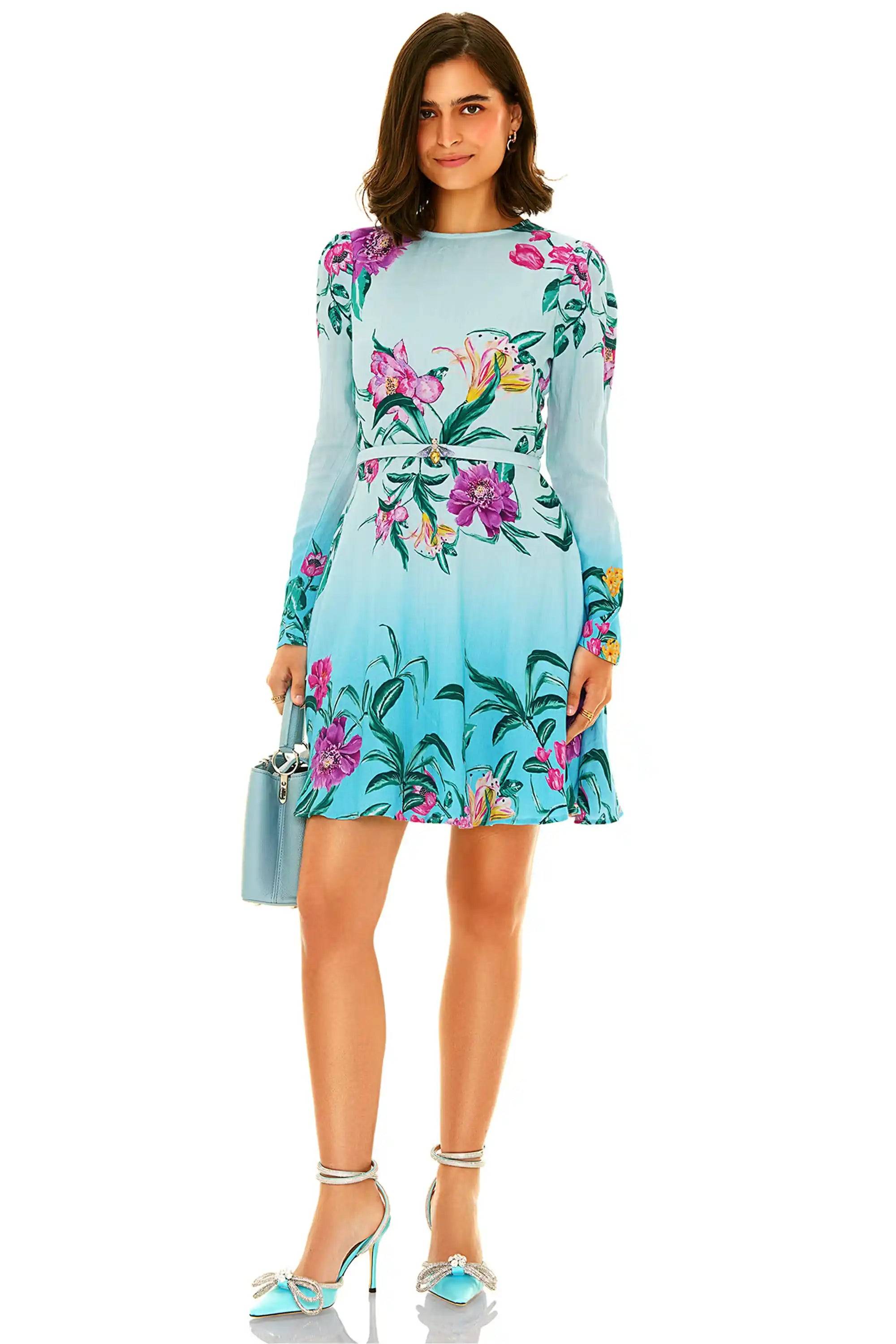 Aqua Ombre Floral Belted Long-Sleeve Mini Dress