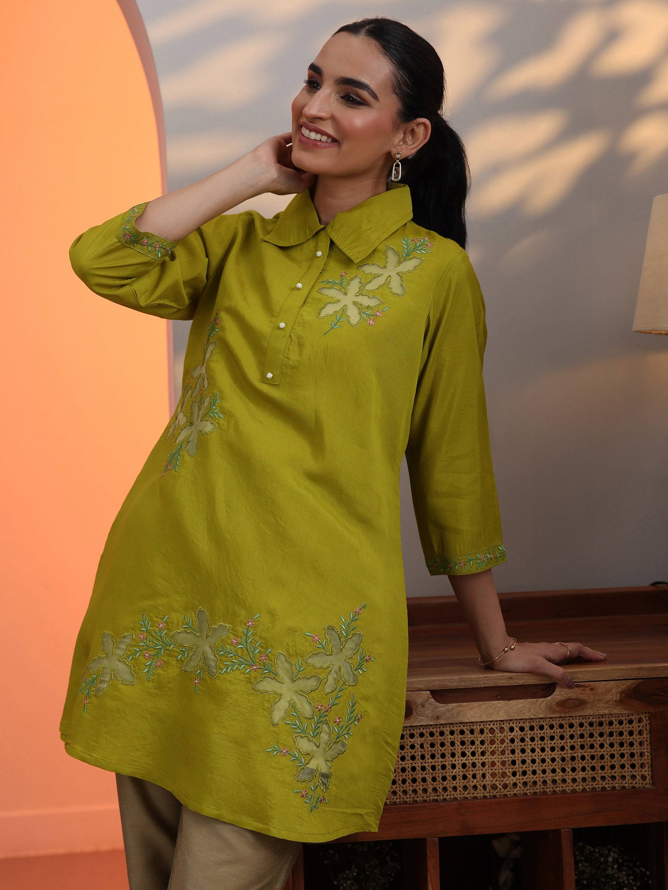 Lime Green Embroidered Silk Blend Shirt Buy at only ₹1899