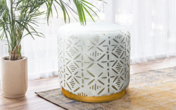 Royaloak Geometric Foil Printed Round Ottoman - Chantilly white