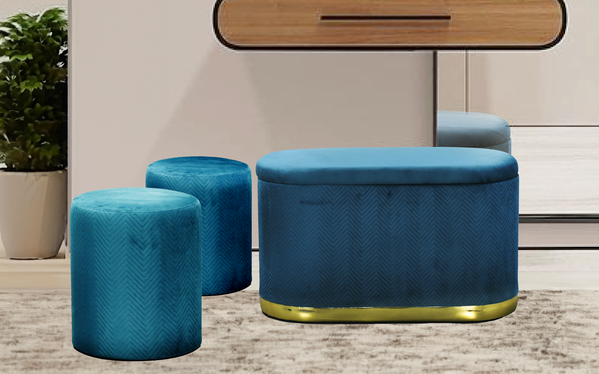 Royaloak  Ottoman Bench - Teal - Set of 3