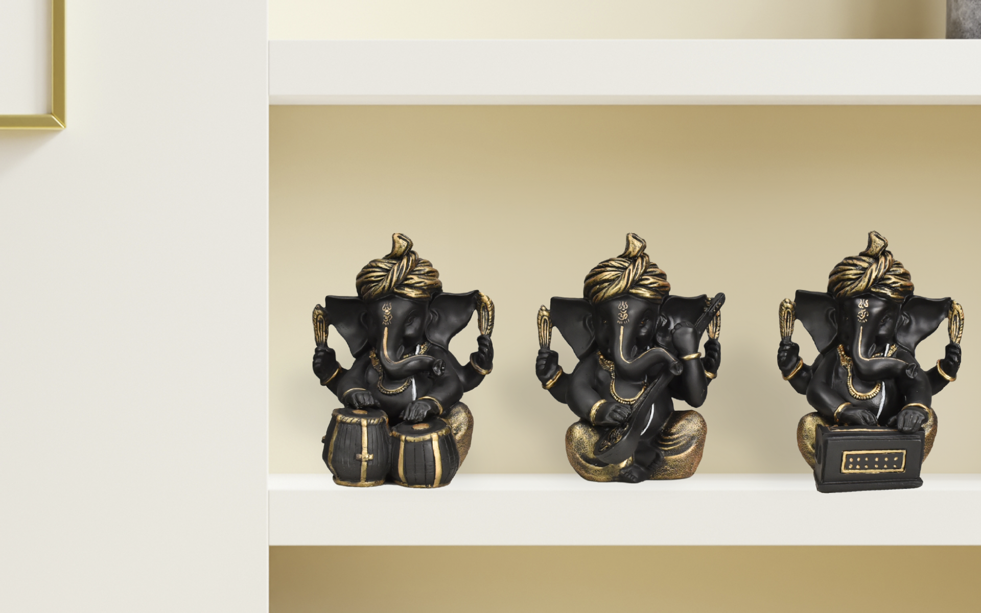 Royaloak Set of 3 Musical Ganesha - Black Gold