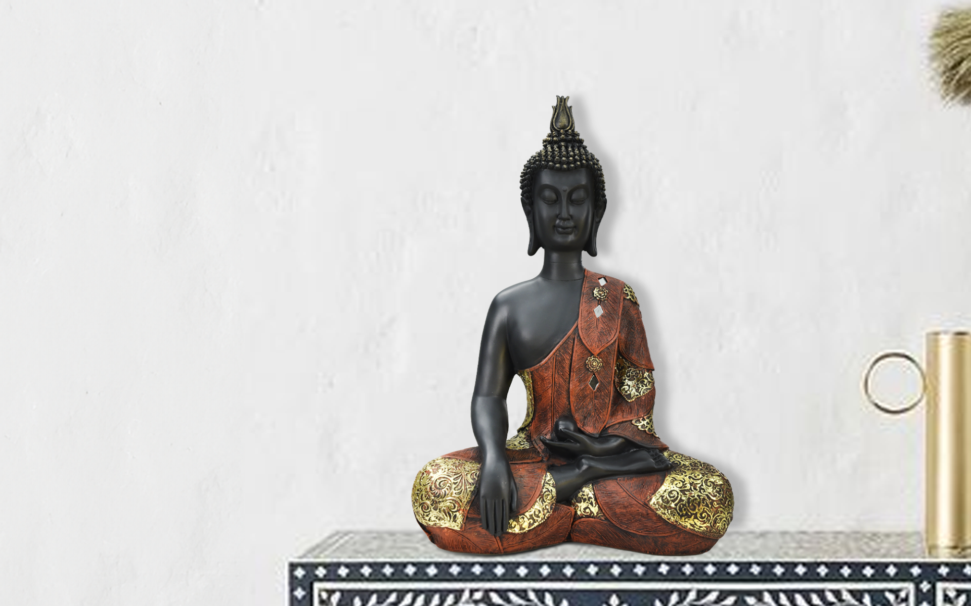 Royaloak Buddha Statue with Laddu Statue - Black & Red - 15.3 Inches