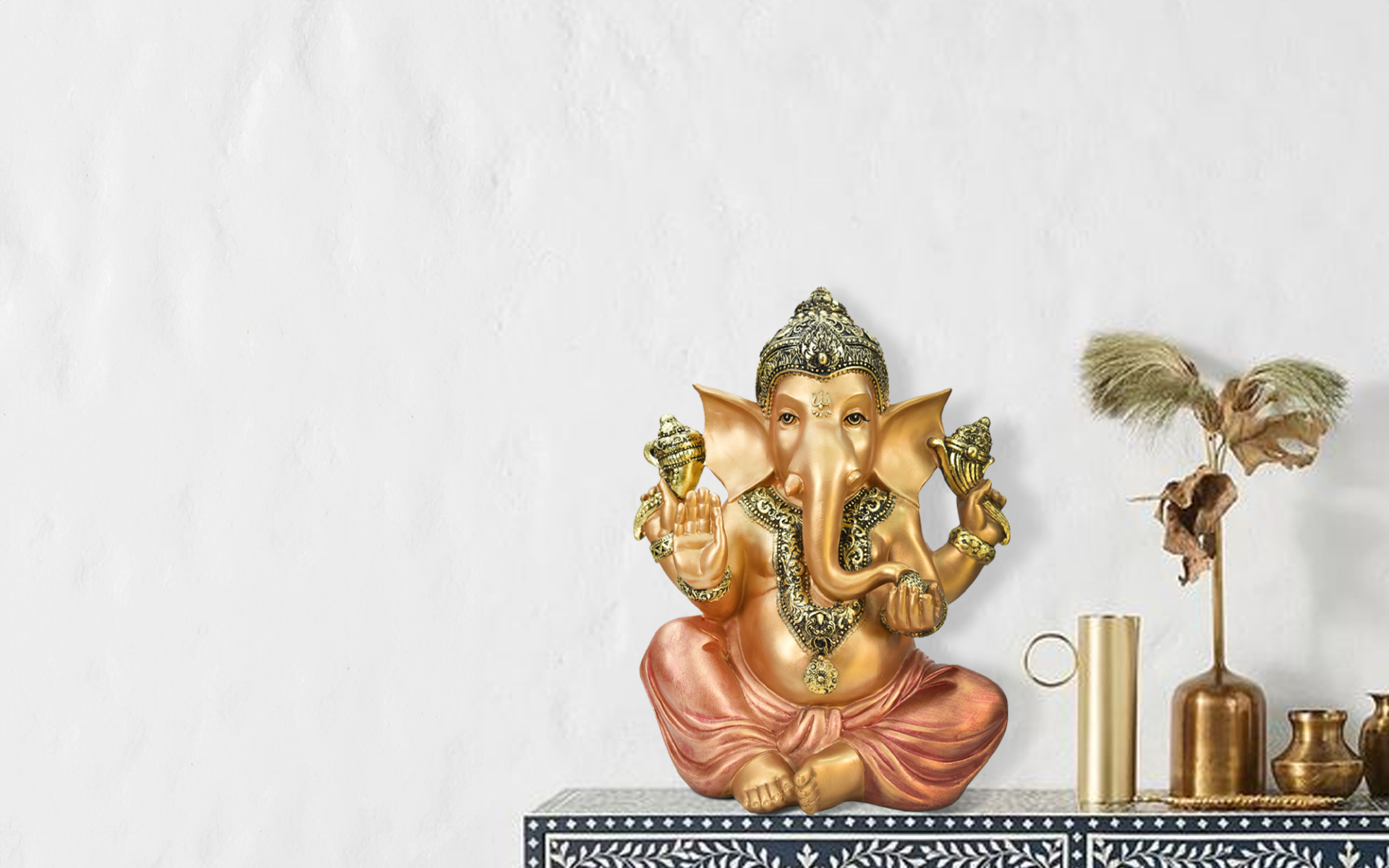 Royaloak Chaturbhuj Ganesh Murti - Gold & Red - 14 Inches