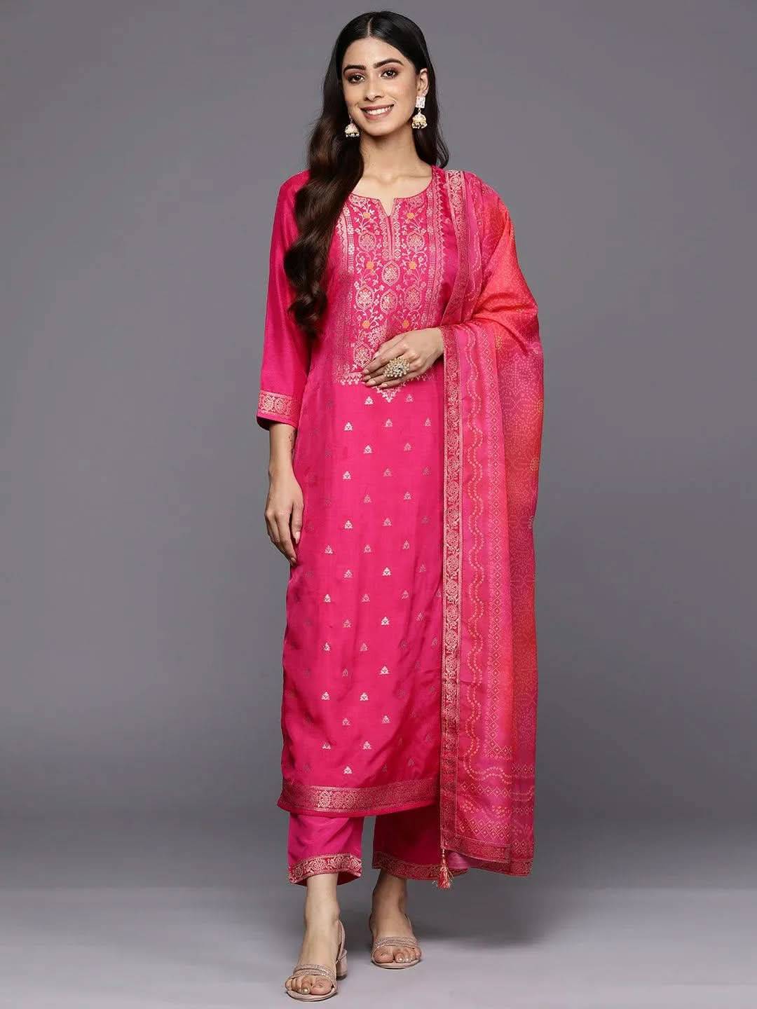 Magenta Self Design Silk Blend Straight... Buy only at ₹5499