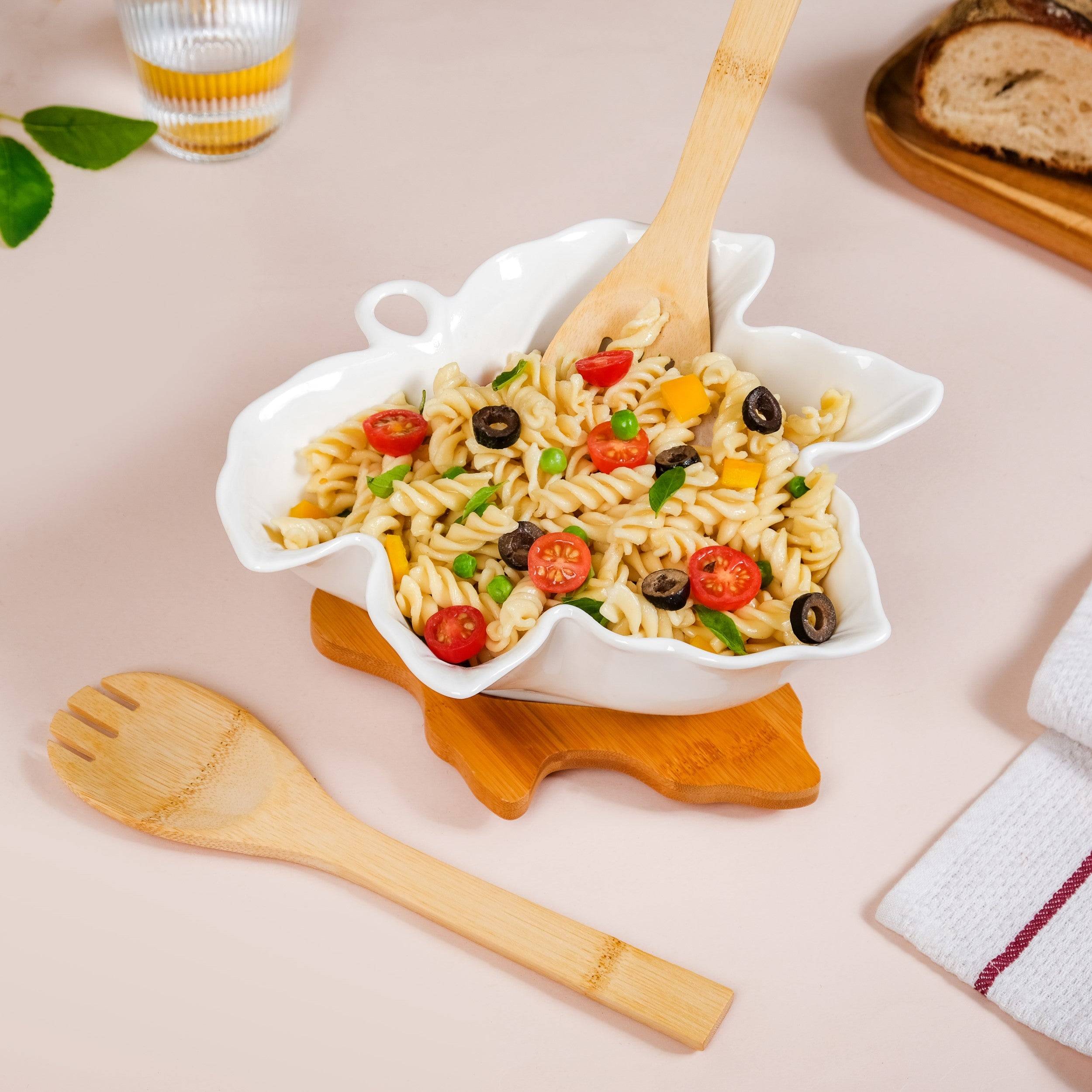 Maple Leaf Serving Bowl With Wooden Cutlery And Tray 1300ml