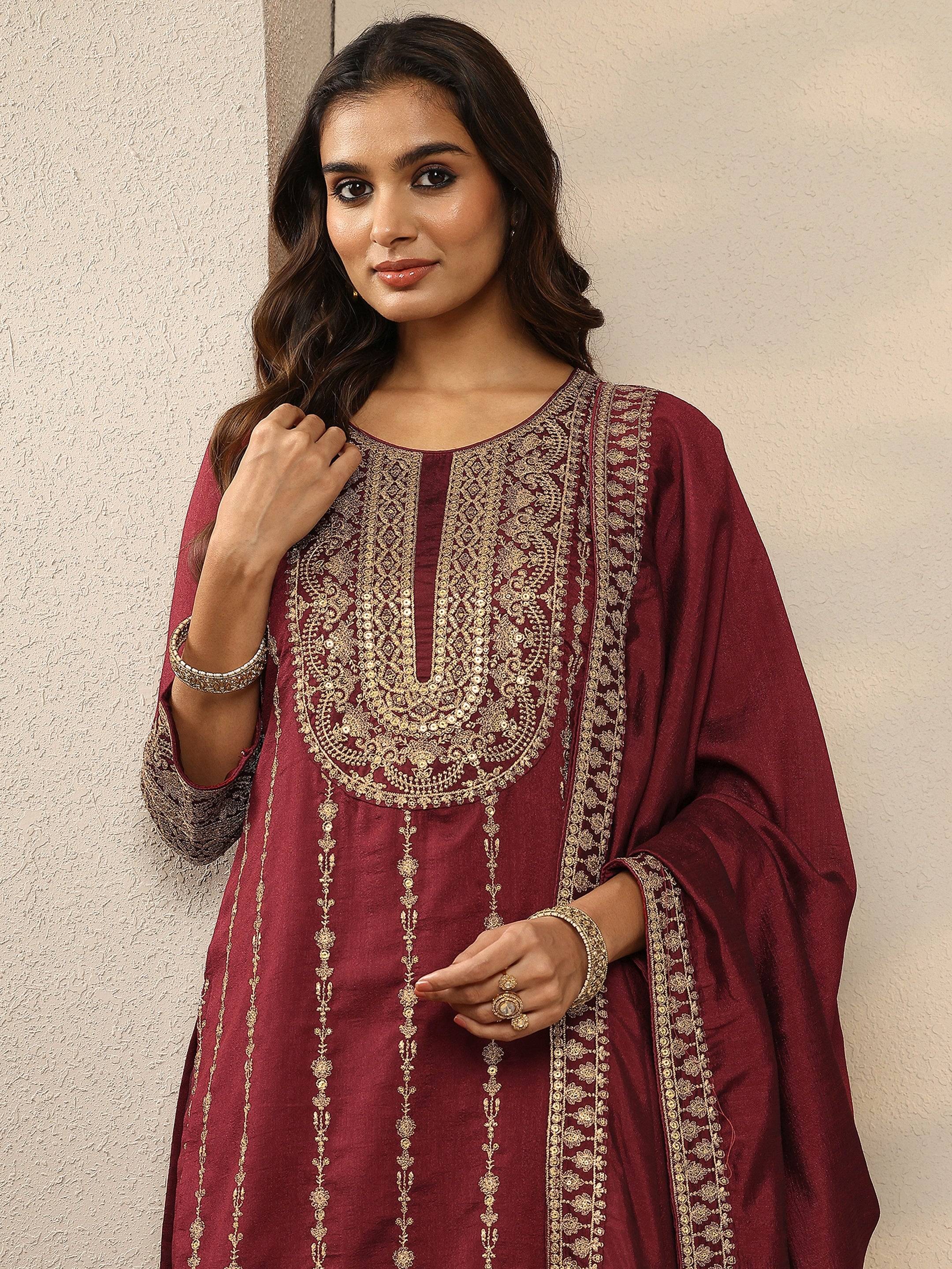 Maroon Embroidered Silk Blend Straight ... Buy only at ₹5999
