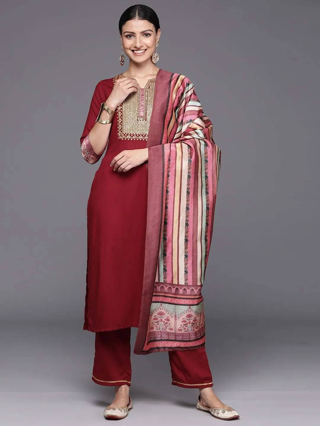 Maroon Yoke Design Rayon Straight Kurta... Buy only at ₹3499