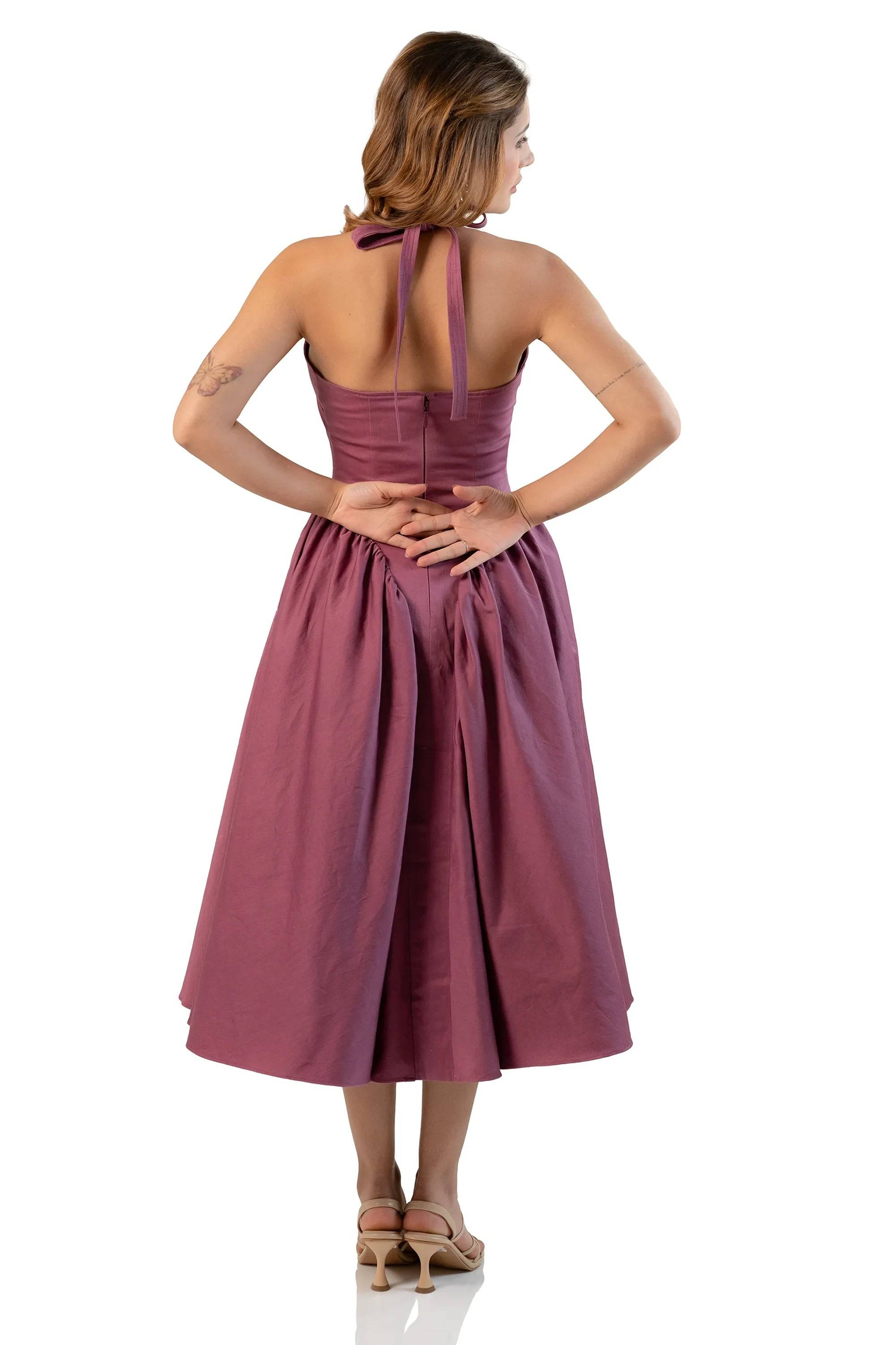 Plum Halter Bustier Cotton Midi Dress