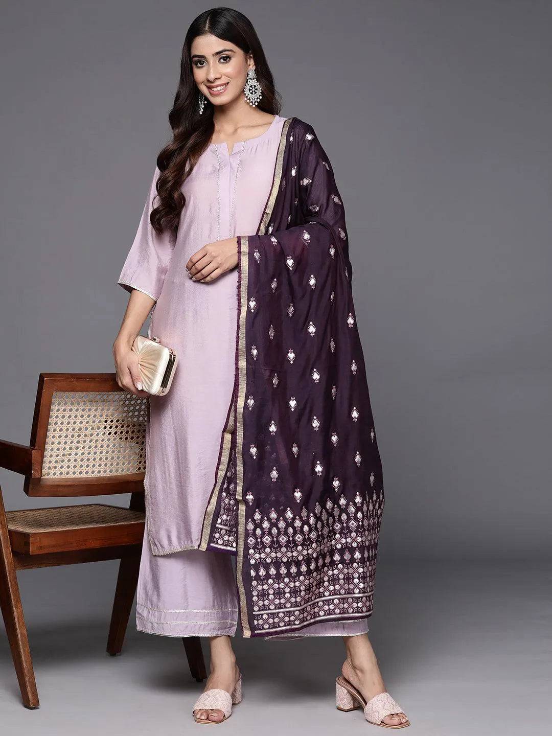 Mauve Solid Silk Blend Straight Suit Wi... Buy only at ₹3299