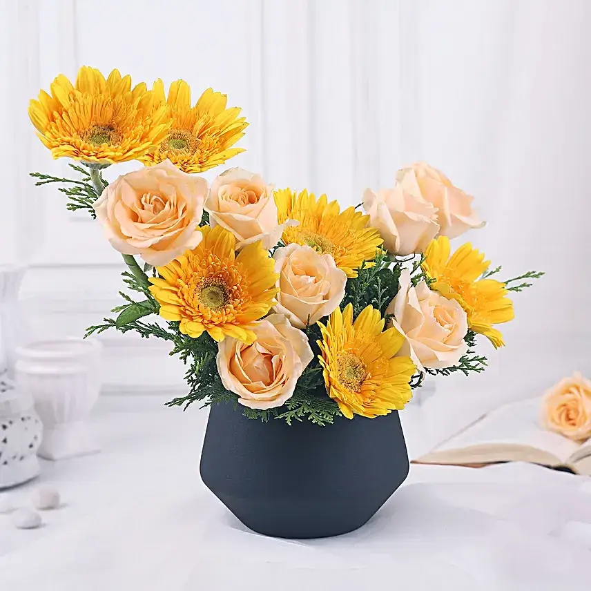 Metallic Marvel of Roses and Gerberas