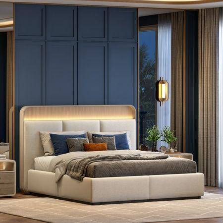 Valeria Upholstered Hydraulic Storage King Bed With 2 Bedside Tables