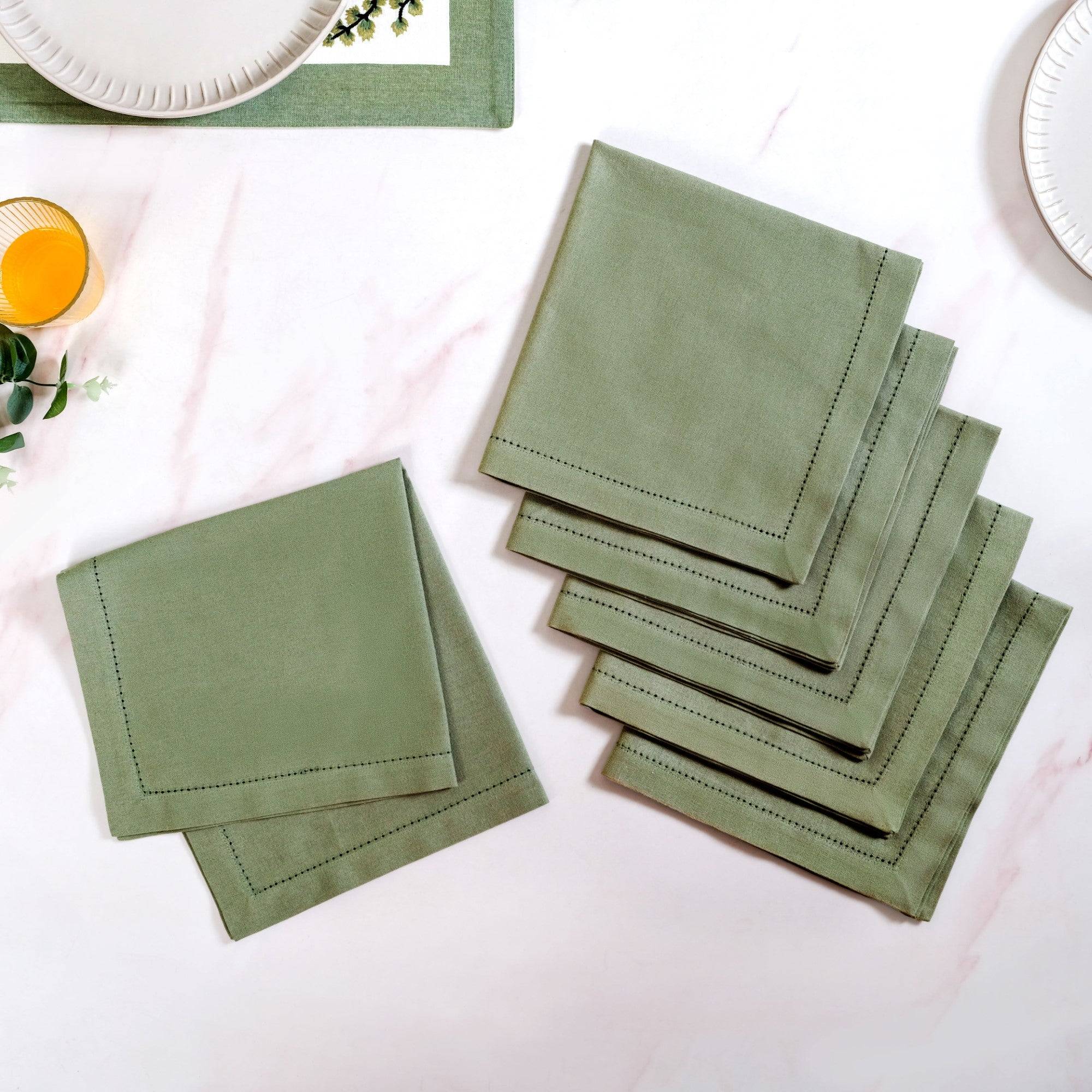 Midori Premium Cotton Hemstitched Dinner Napkins Set Of 6 In Sage Green