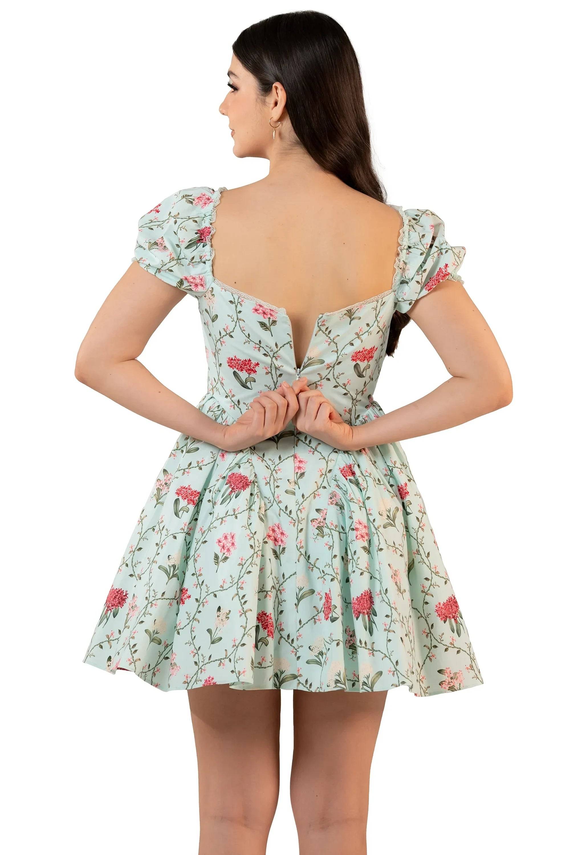 Mint Puff Sleeve Floral Mini Dress