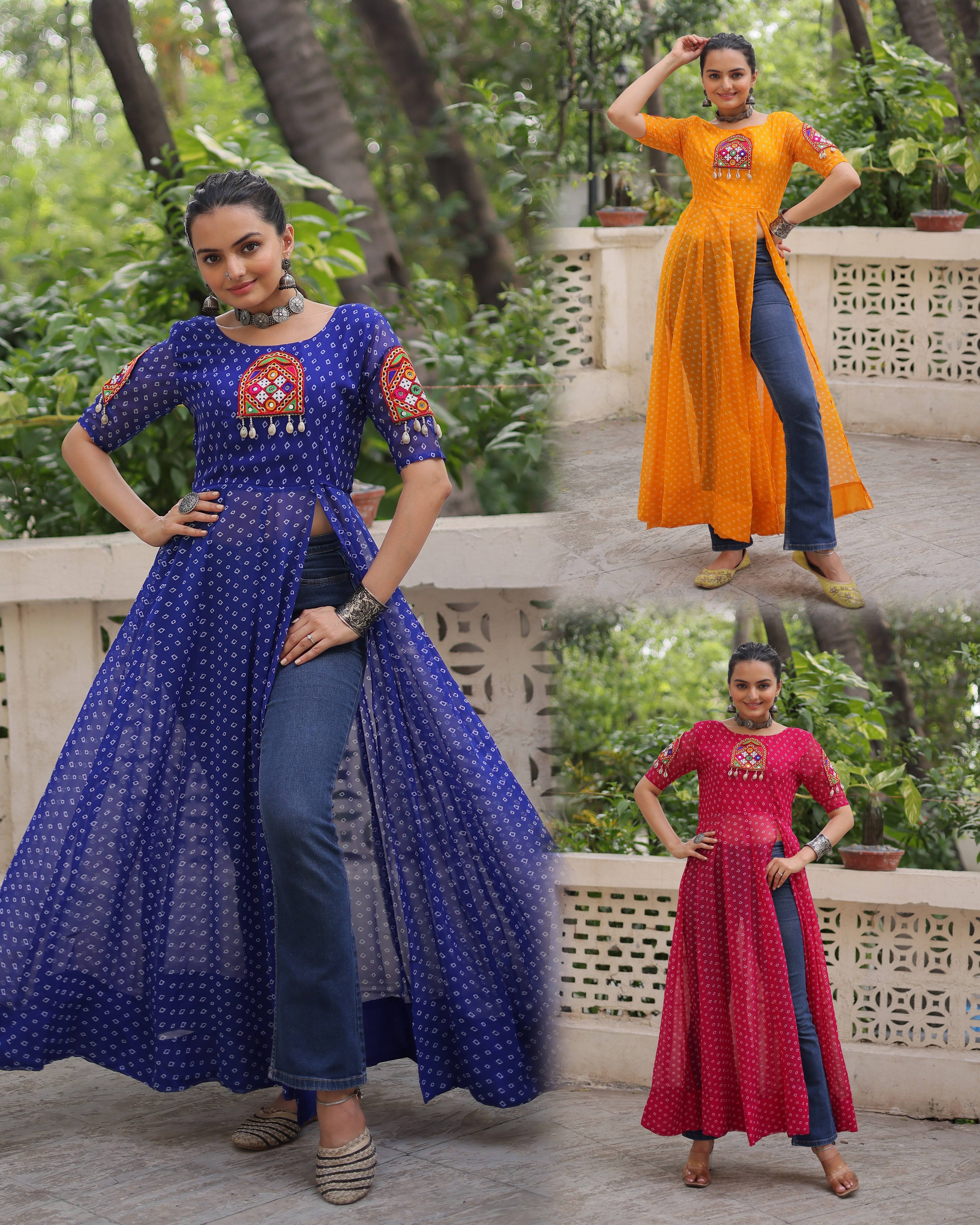 Bandhani Festive Long Kurti with Kutchi Patchwork for Navratri – Mayara Women Clothing