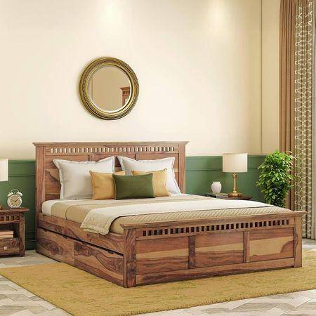 Fidora Solid Wood Queen Size Drawer Storage Bed In Teak Finish