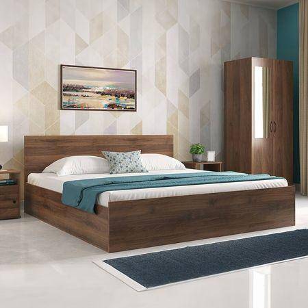Zoey Engineered Wood King Size Box Storage Bed In Classic Walnut Finish