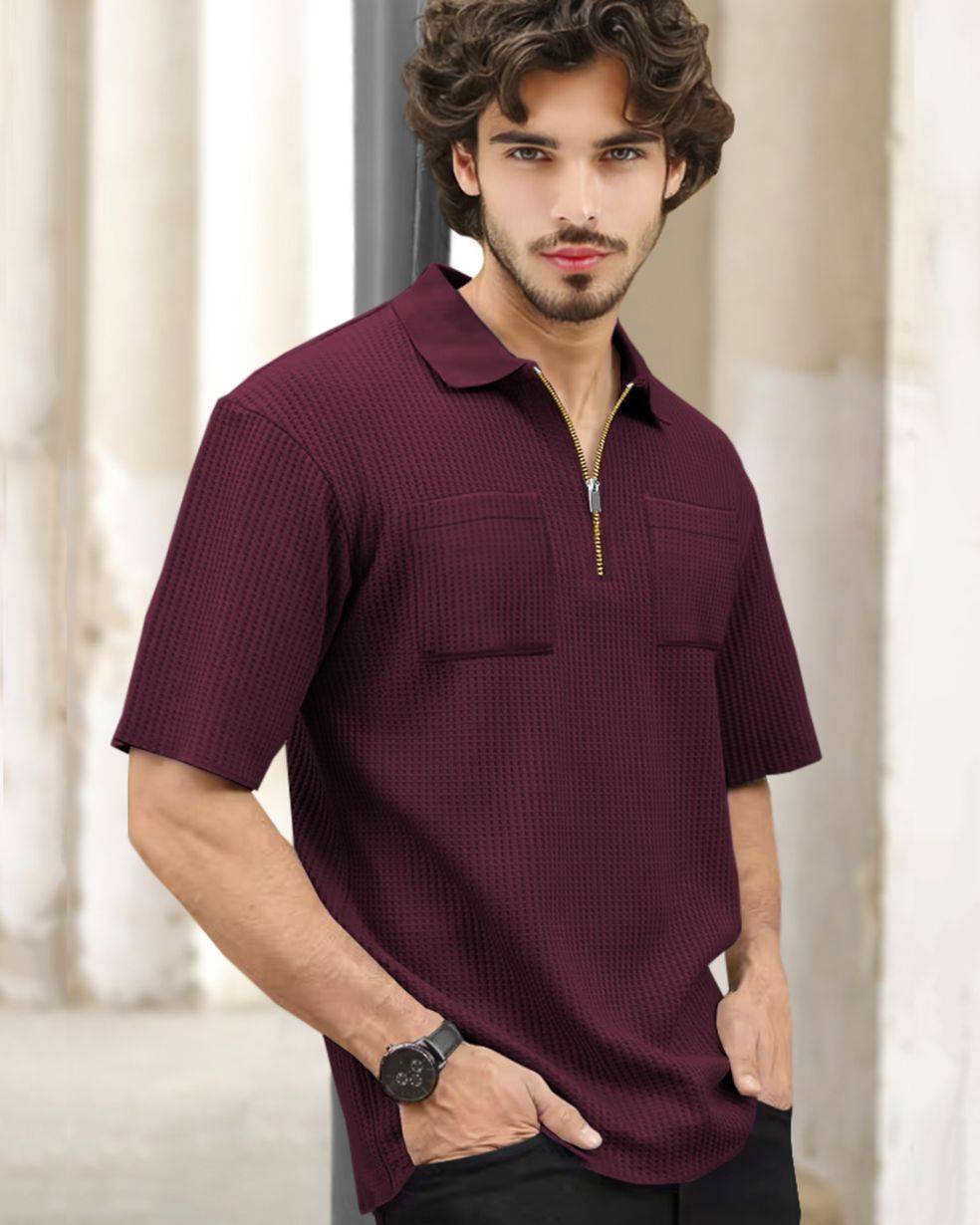 Half Sleeve Double Poacket Polo Waffle Maroon T-shirt