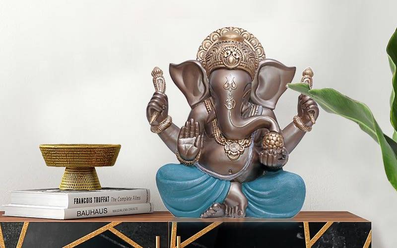 Royaloak Polyresin Big Ganesha - Grey & Teal - 15.55 Inches