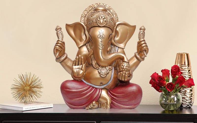 Royaloak Polyresin Ganesha - Bronze & Red - 15.5 Inches