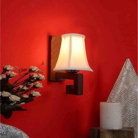 Devansh Wood Wall Mounted Lamp With Off-White Cotton Shade