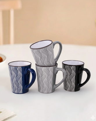 Serene Wave Ceramic Coffee Mug - Set Of 4