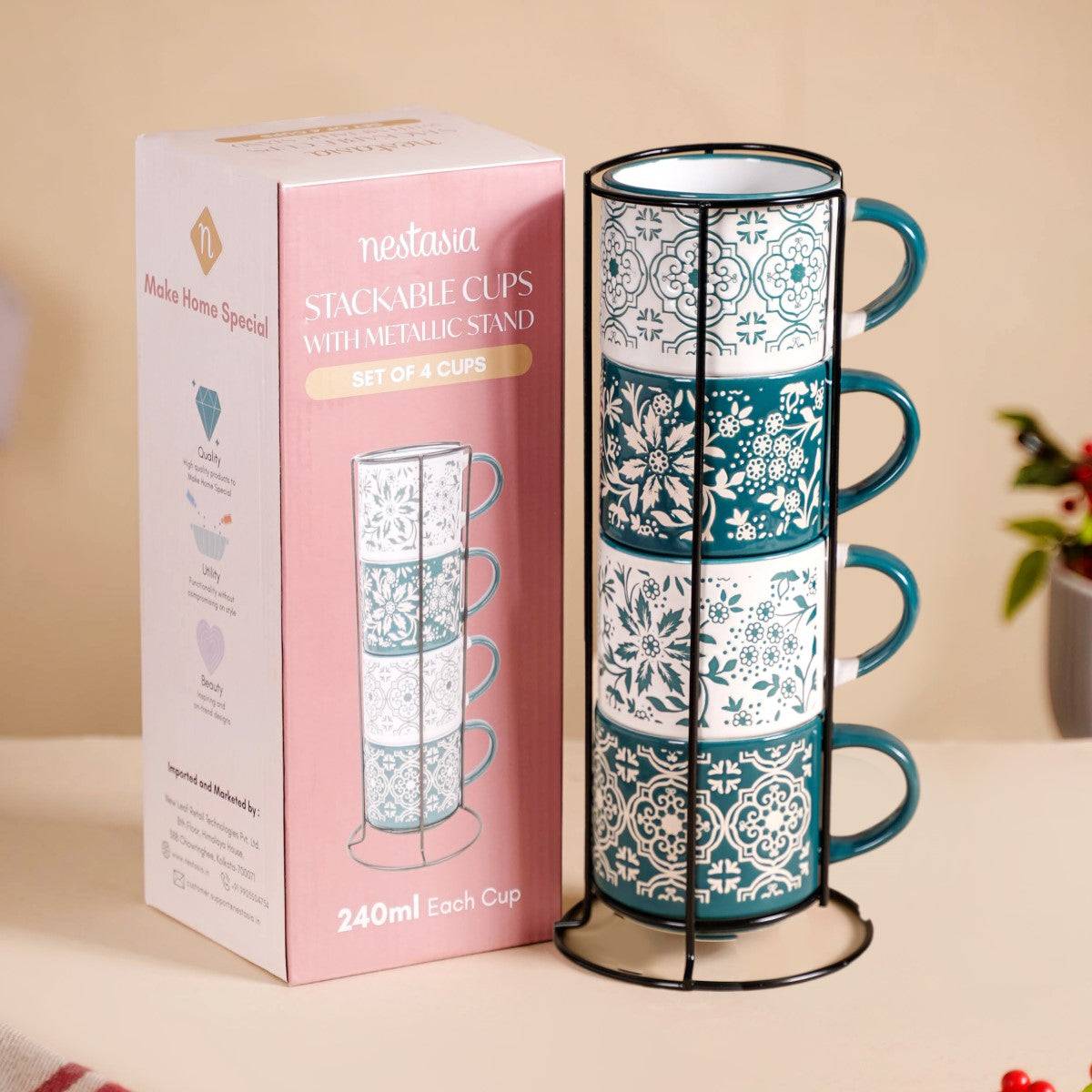 Stackable Coffee Cups With Stand Green Set of 4 240ml buy only at ₹995