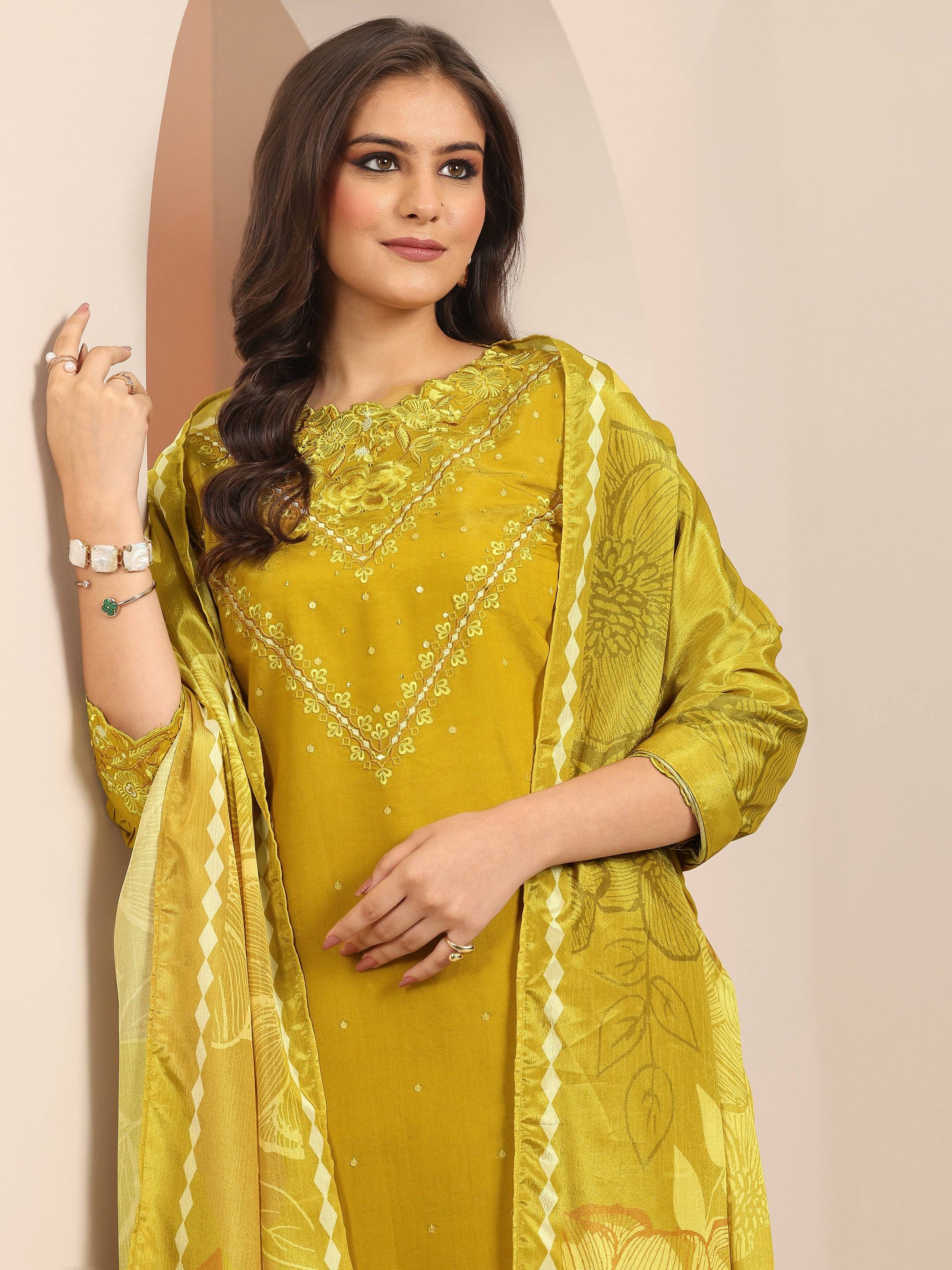 Mustard Embroidered Silk Blend Straight... Buy only at ₹4299
