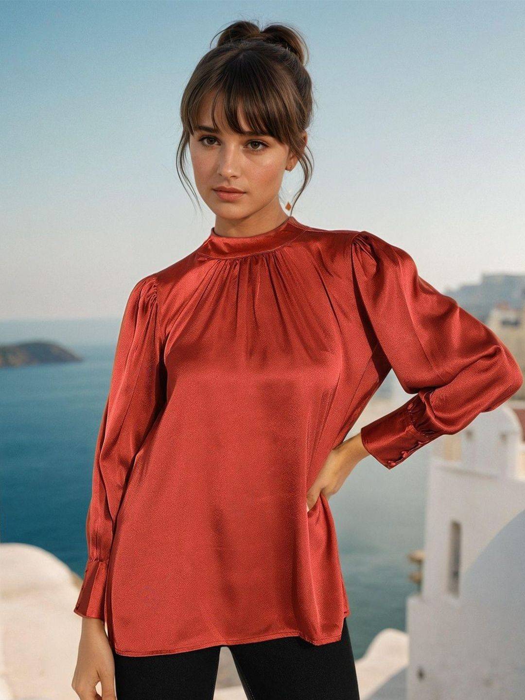 Kotty Women Satin High Neck Cuffed Sleeves Top