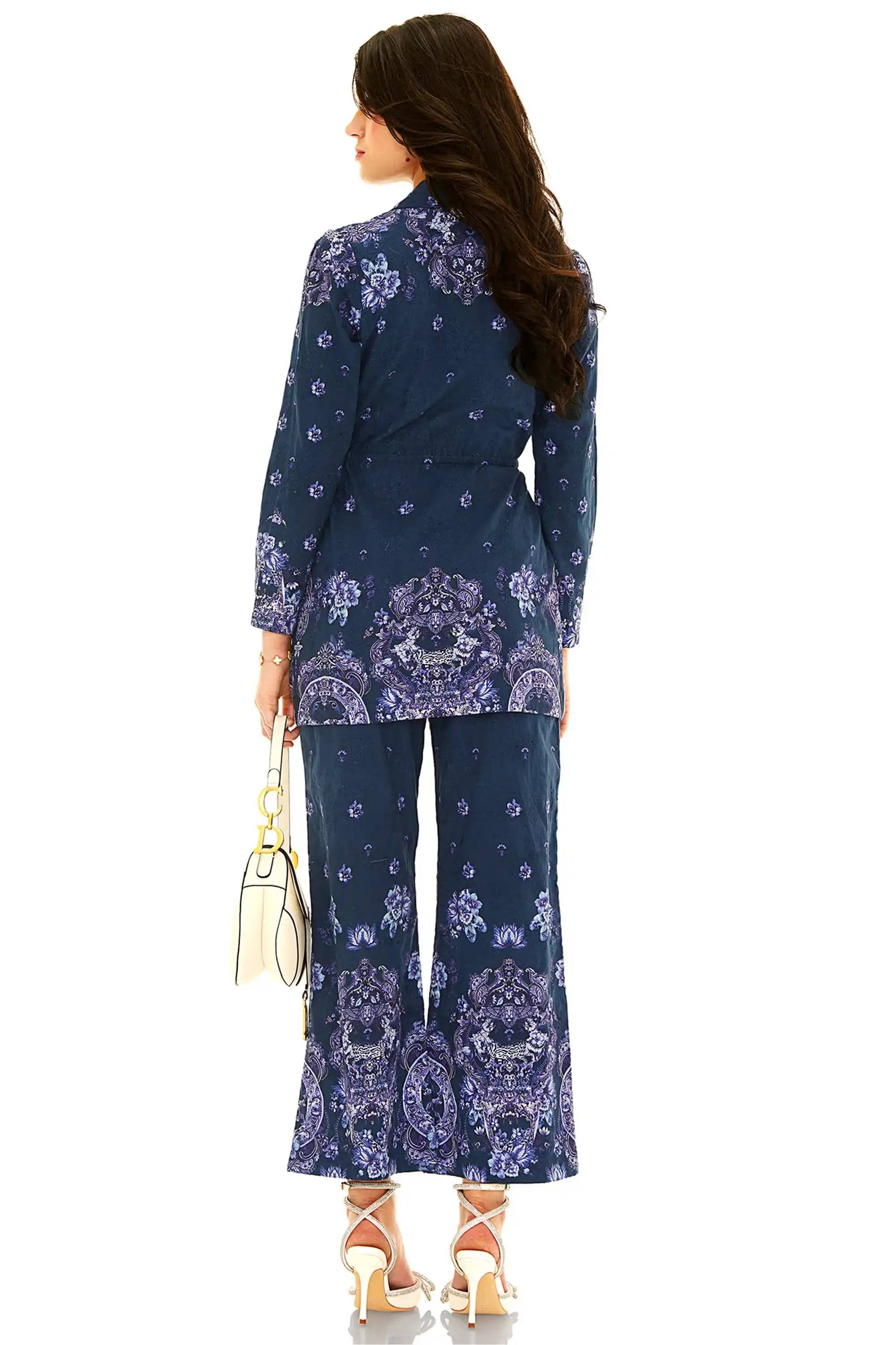 Navy Paisley Belted Blazer & Flared Pants Co-Ord Set