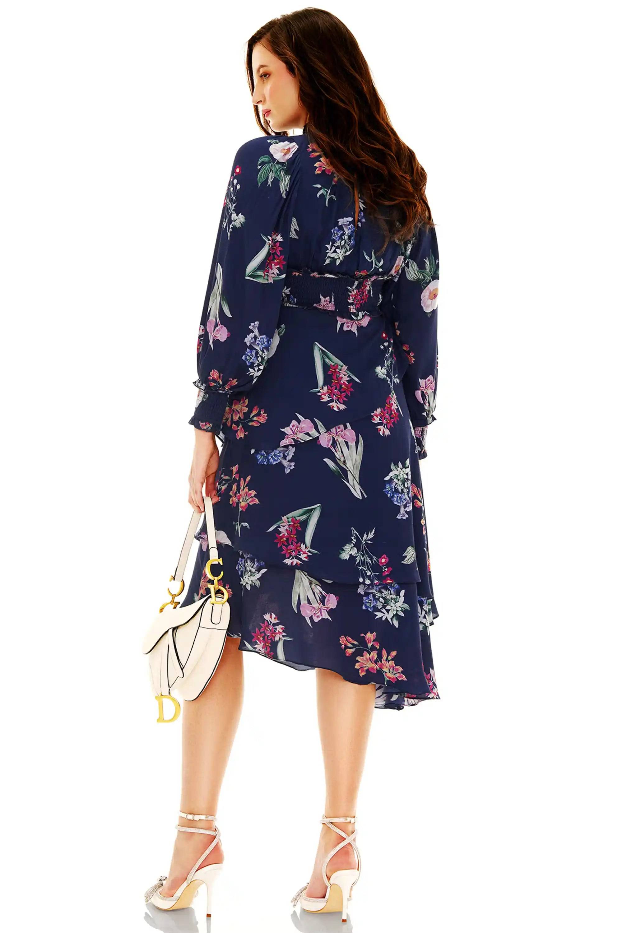 Twilight Rose Navy Floral Ruffle Hi-Low Midi Dress
