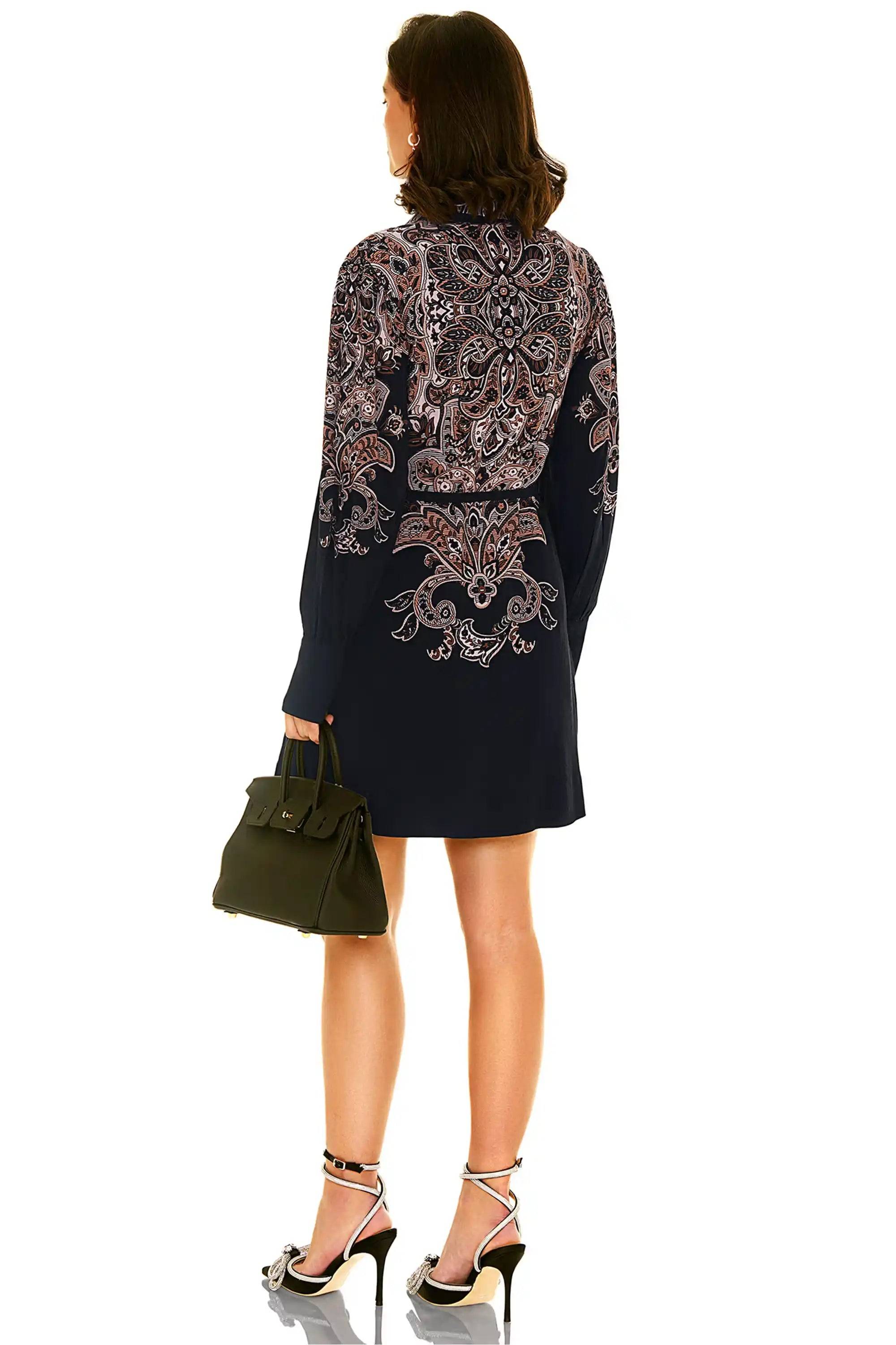 Navy Paisley Belted Long-Sleeve Shirt Dress