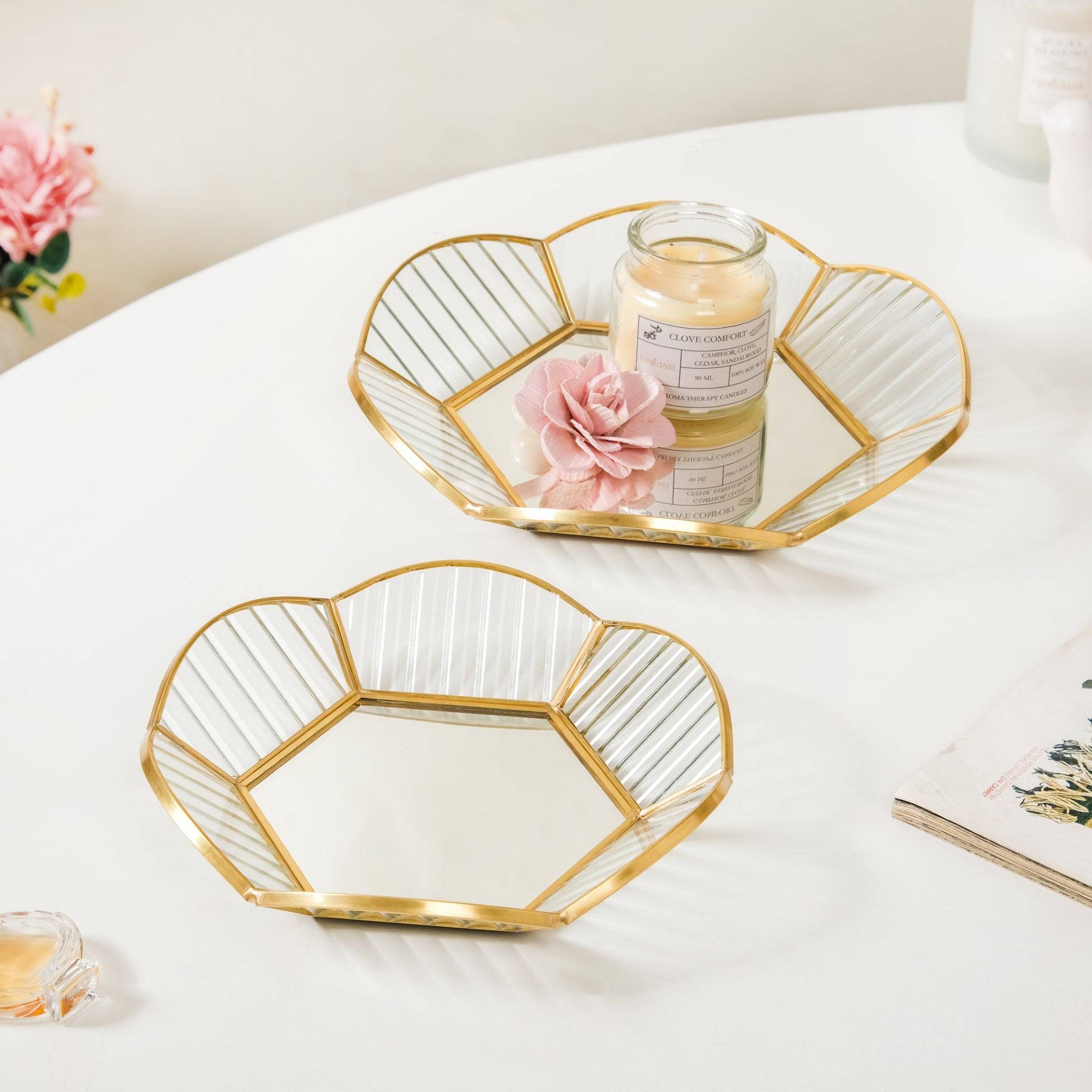 Nested Floral Mirror Vanity Makeup Trays Set Of 2