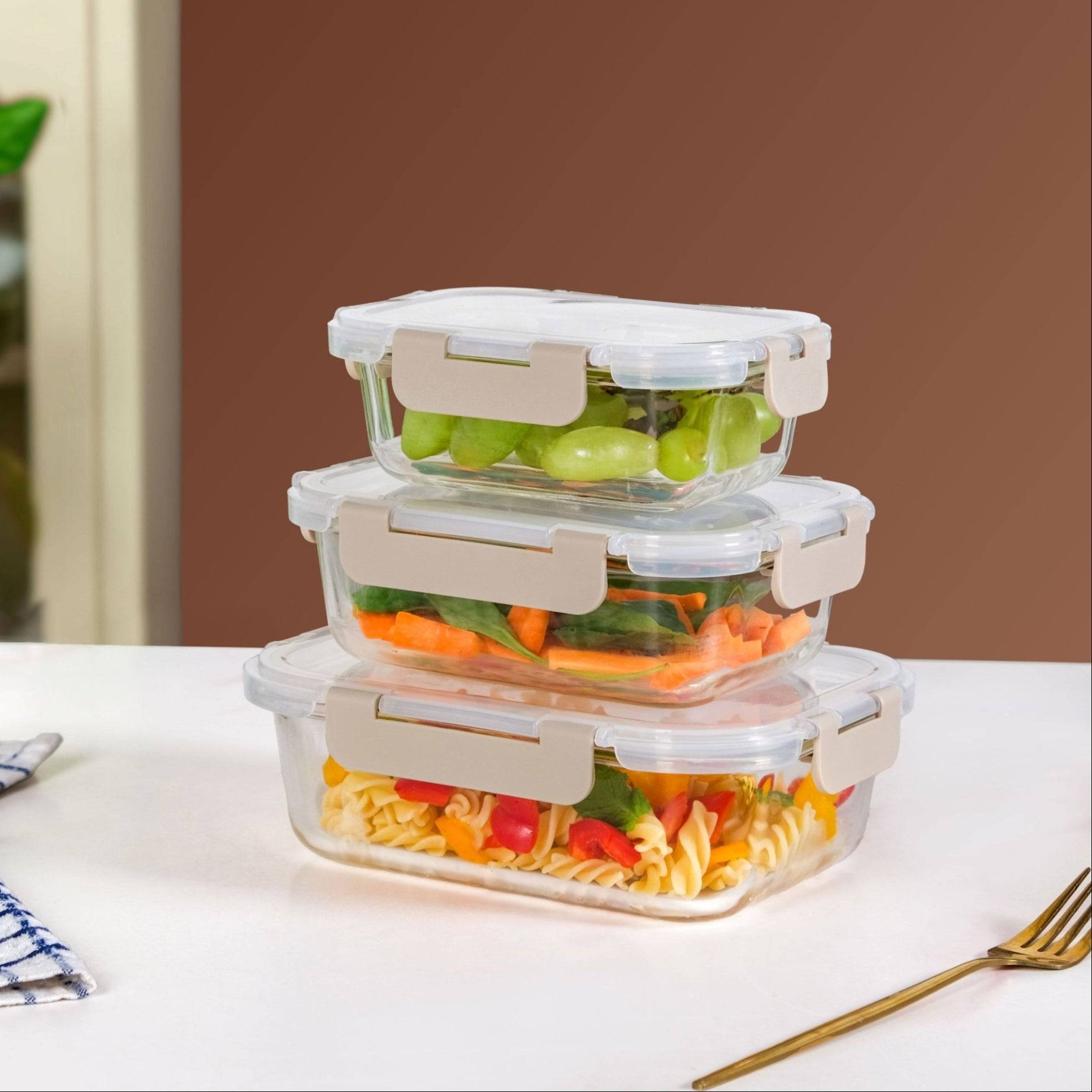 Nestro Lunch Box For Office Set Of 3 Beige S 370ml M 600ml L 100ml