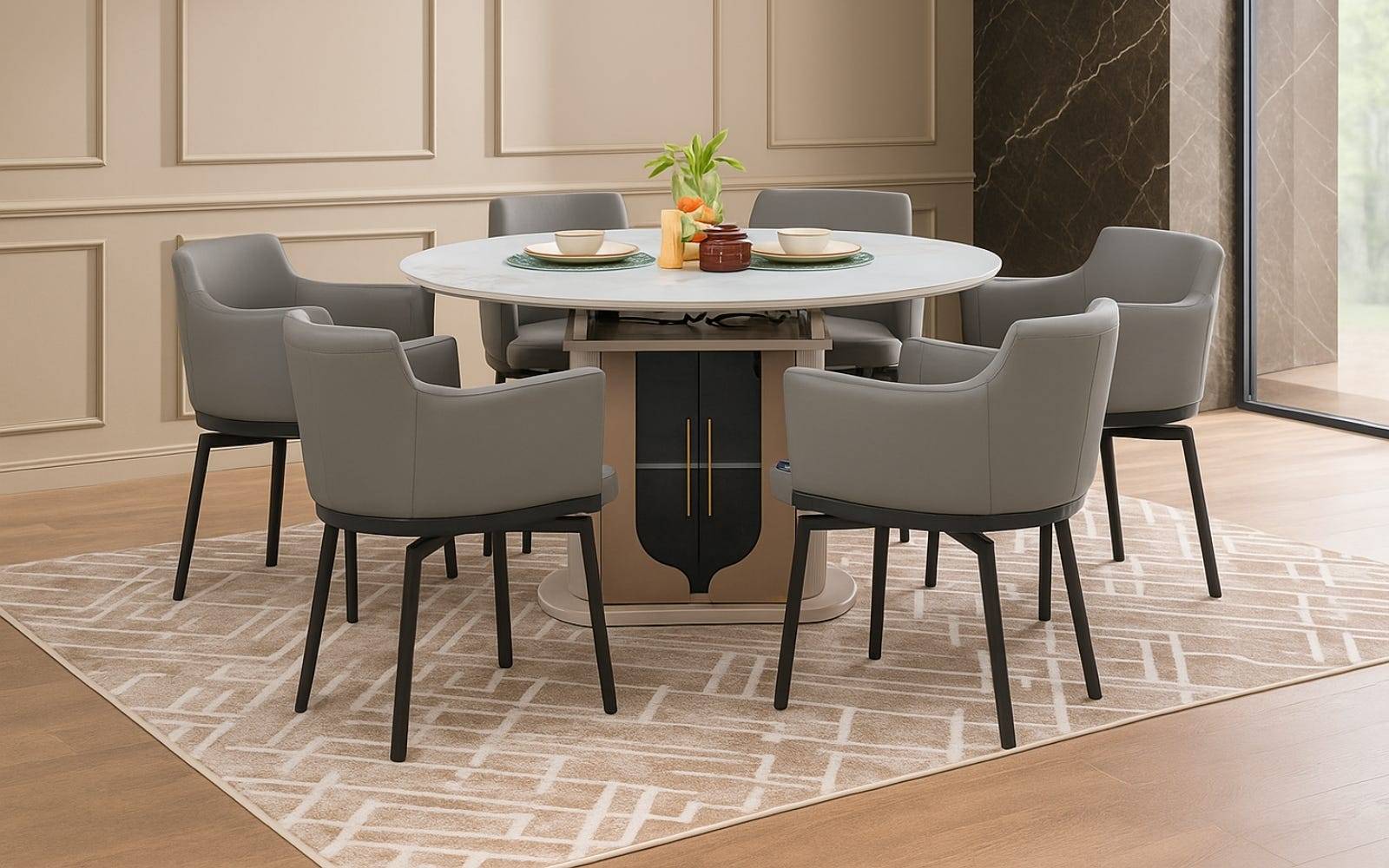 Royaloak Dallas American Extendable Glass Dining Table Six Seater With Inbuilt Cooktop & Royaloak Turin Italian Dining Chair Set