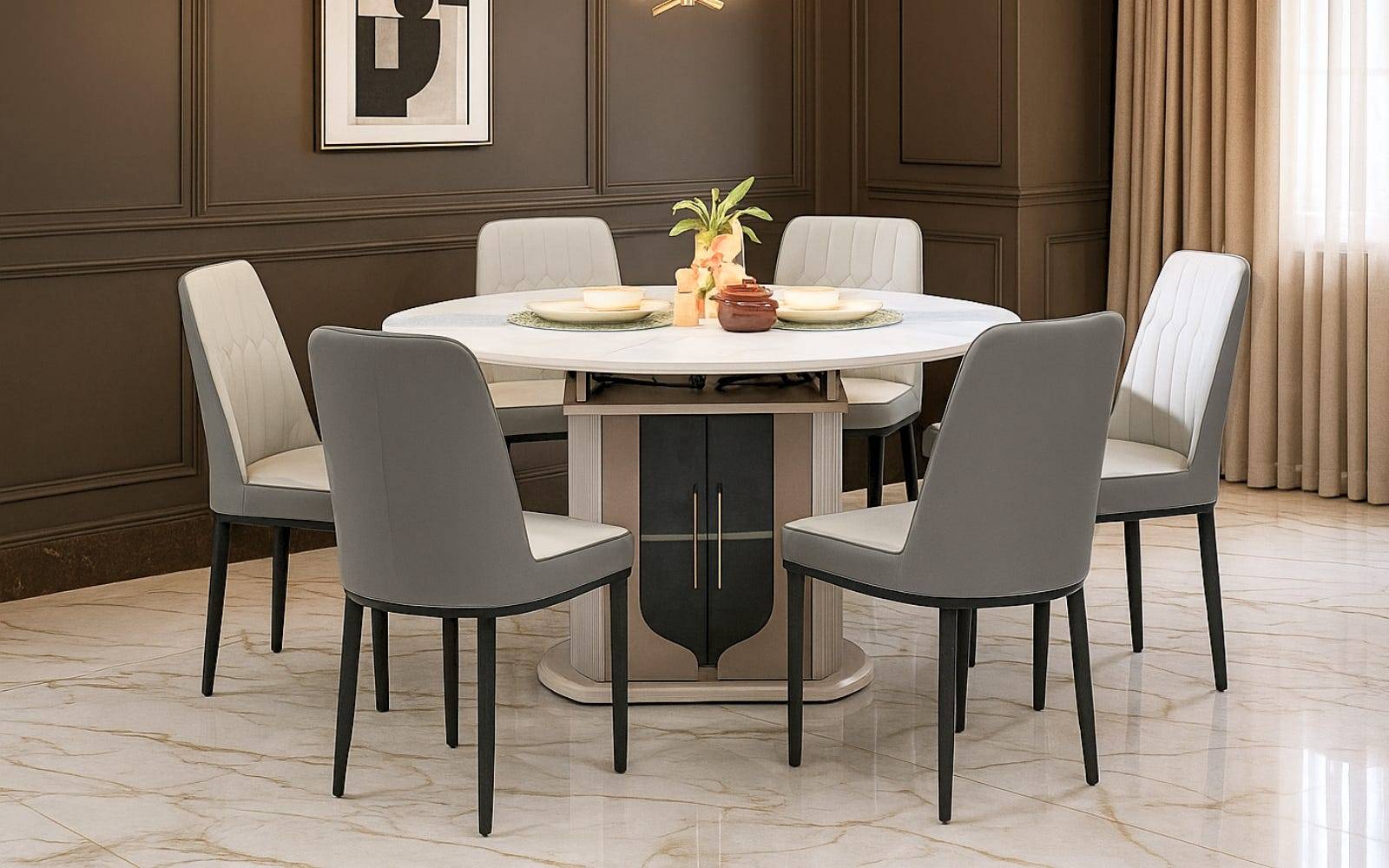 Royaloak Dallas American Extendable Glass Dining Table Six Seater With Inbuilt Cooktop & Royaloak Sepang Malaysian Dining Chair Set