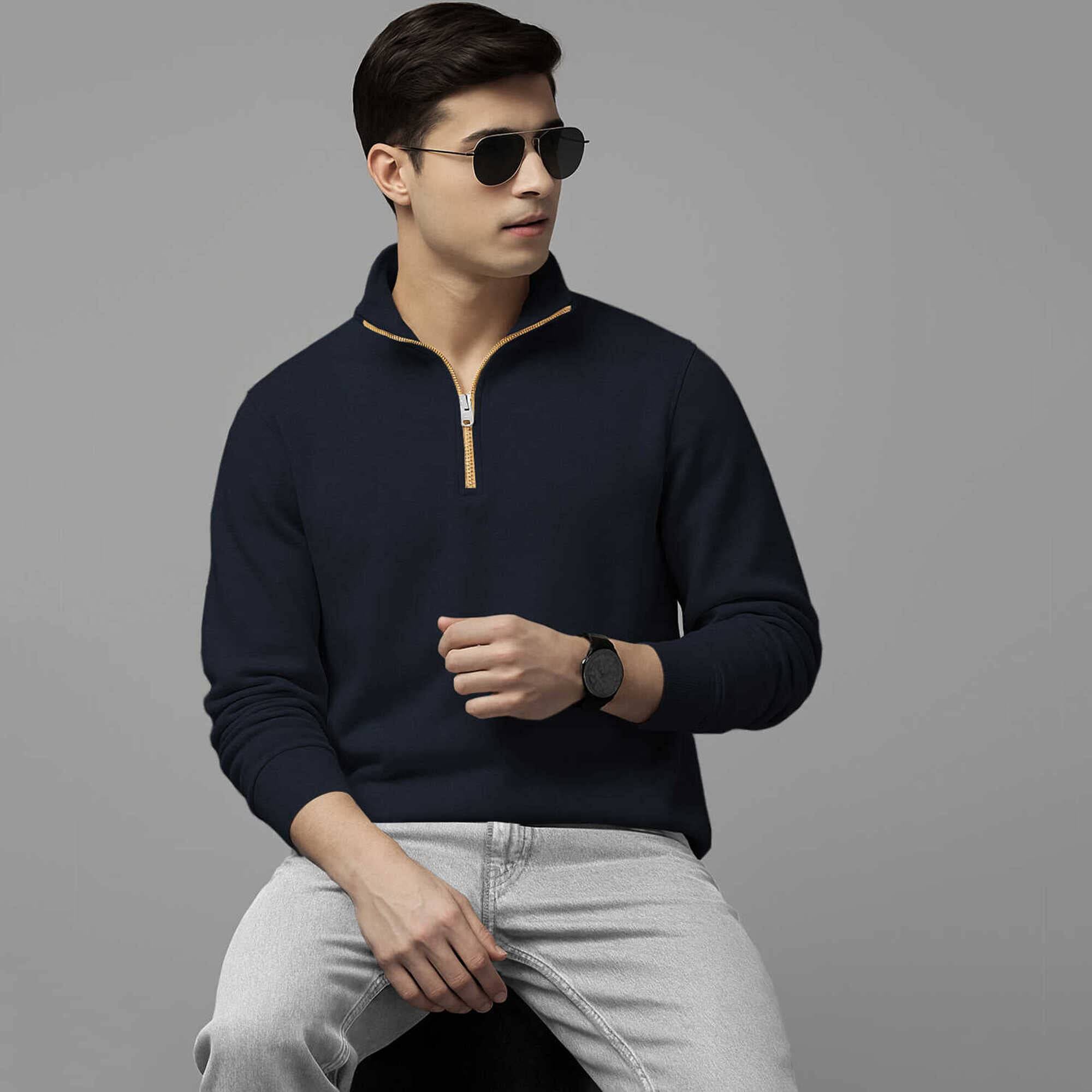 Men High Neck Quarter Zip Up Navyblue Sweatshirt