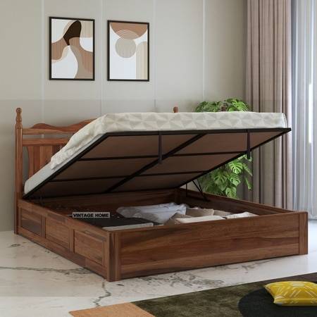Lavento Sheesham Wood King Size Bed With Hydraulic Storage In Provincial Teak Finish