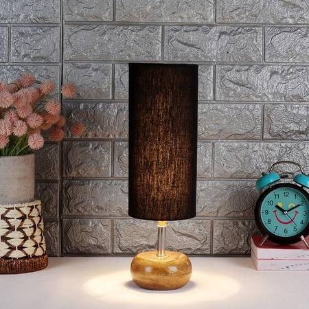 Marilynne Black Fabric Shade Table Lamp with Natural Wooden Base