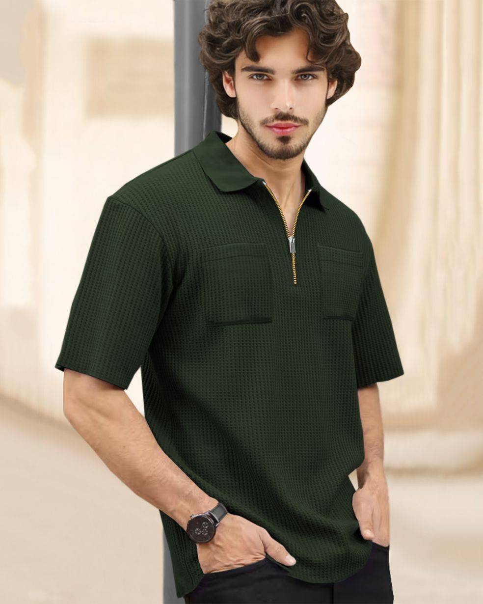Half Sleeve Double Poacket Polo Waffle Olivegreen T-shirt