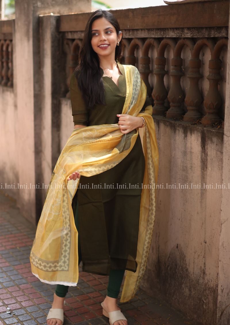 Olive Plaid Top and Dupatta Set