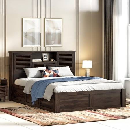 Cambry Queen Size Box Storage Bed With Headboard Storage In American Walnut Finish