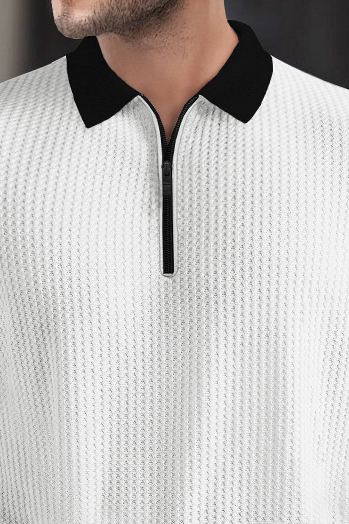 Polo Collar White Black Contrast Waffle Textured T-shirt