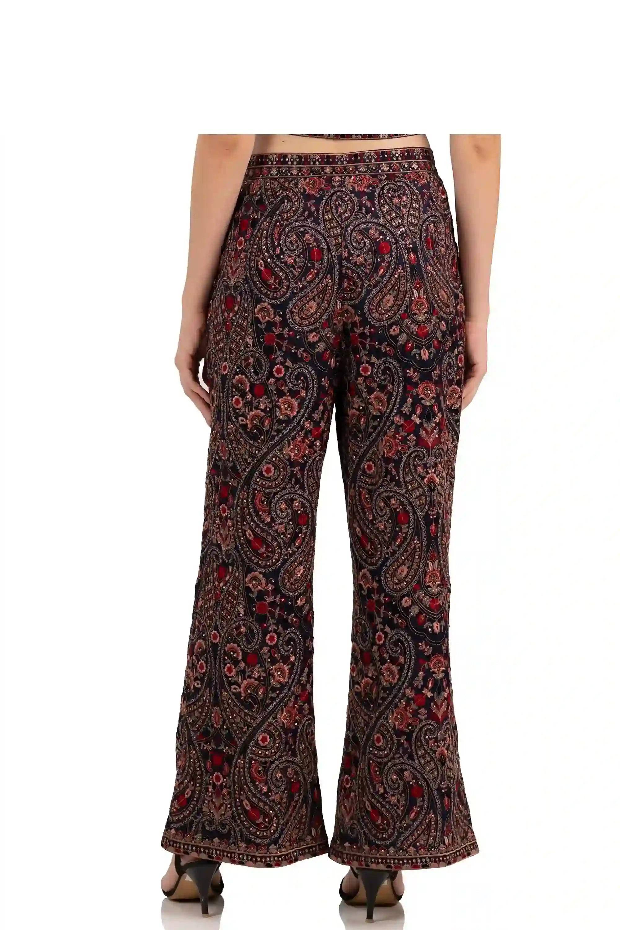 Crimson Paisley Navy Embroidered Wide-Leg Pants