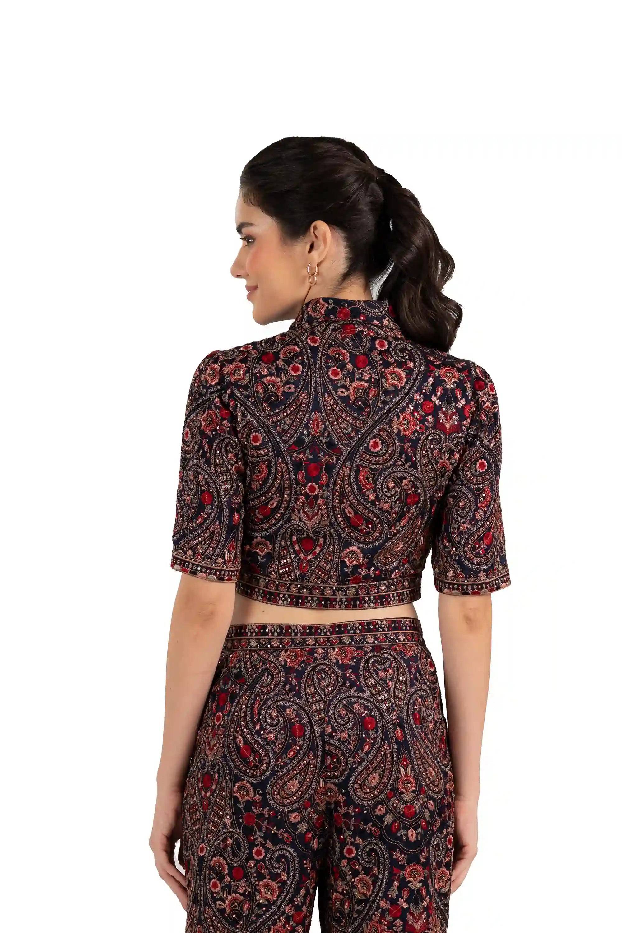 Crimson Paisley Navy Hand Embroidered Crop Shirt