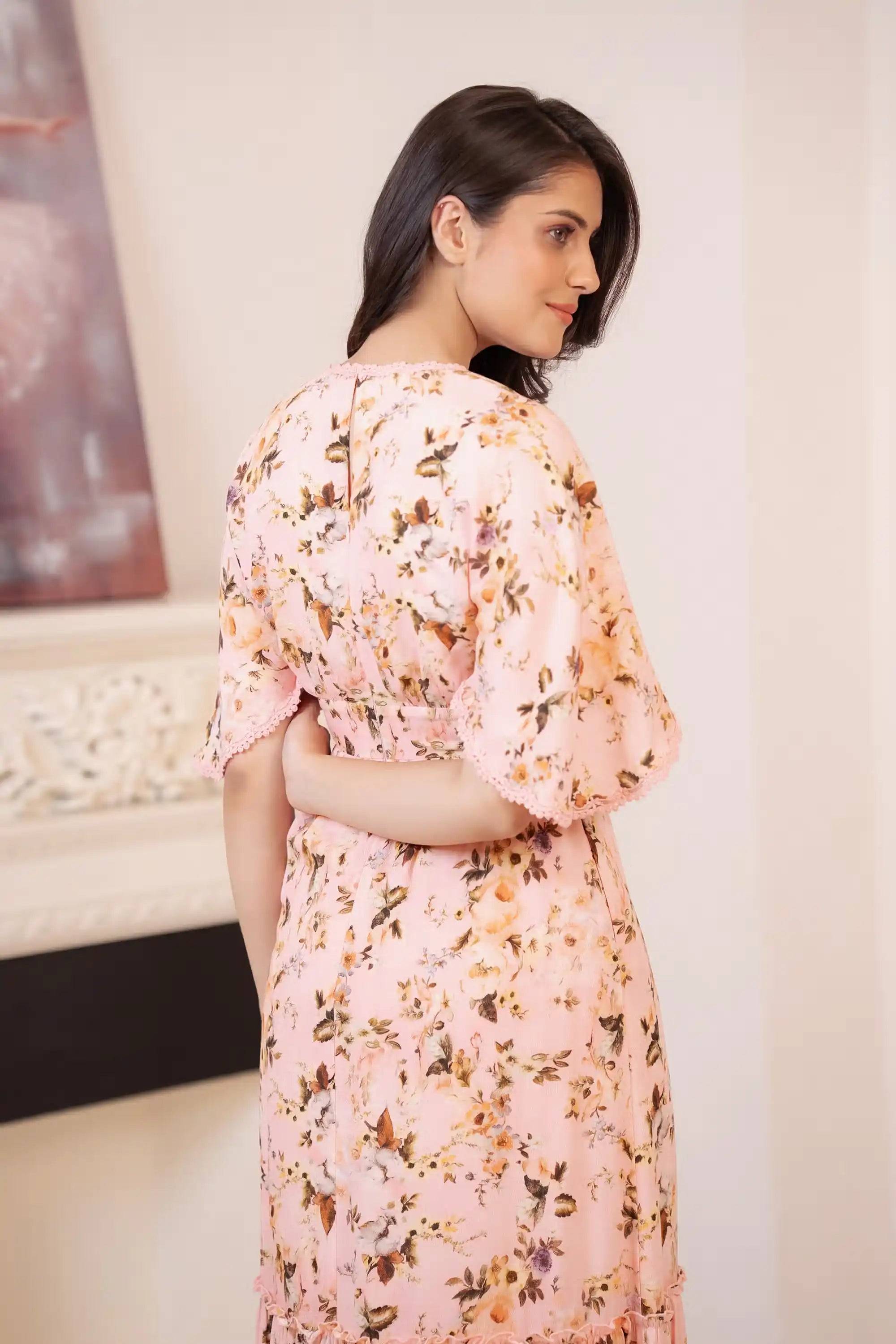 Peach Floral Ruffle Maxi Dress