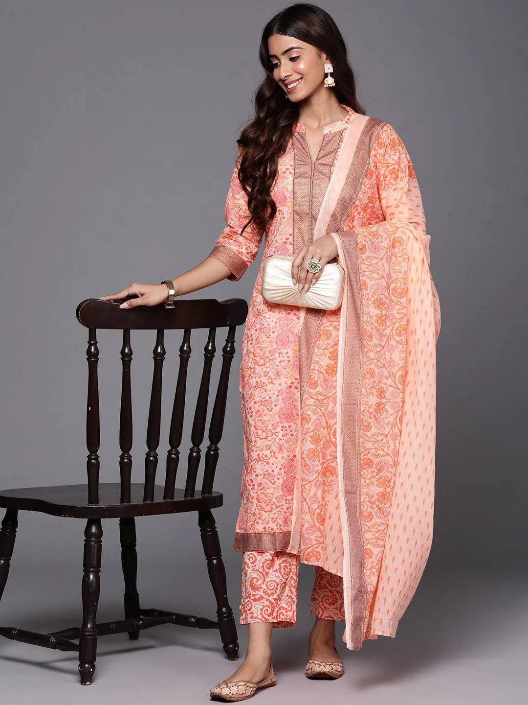 Peach Printed Cotton Straight Suit With... Buy only at ₹3499