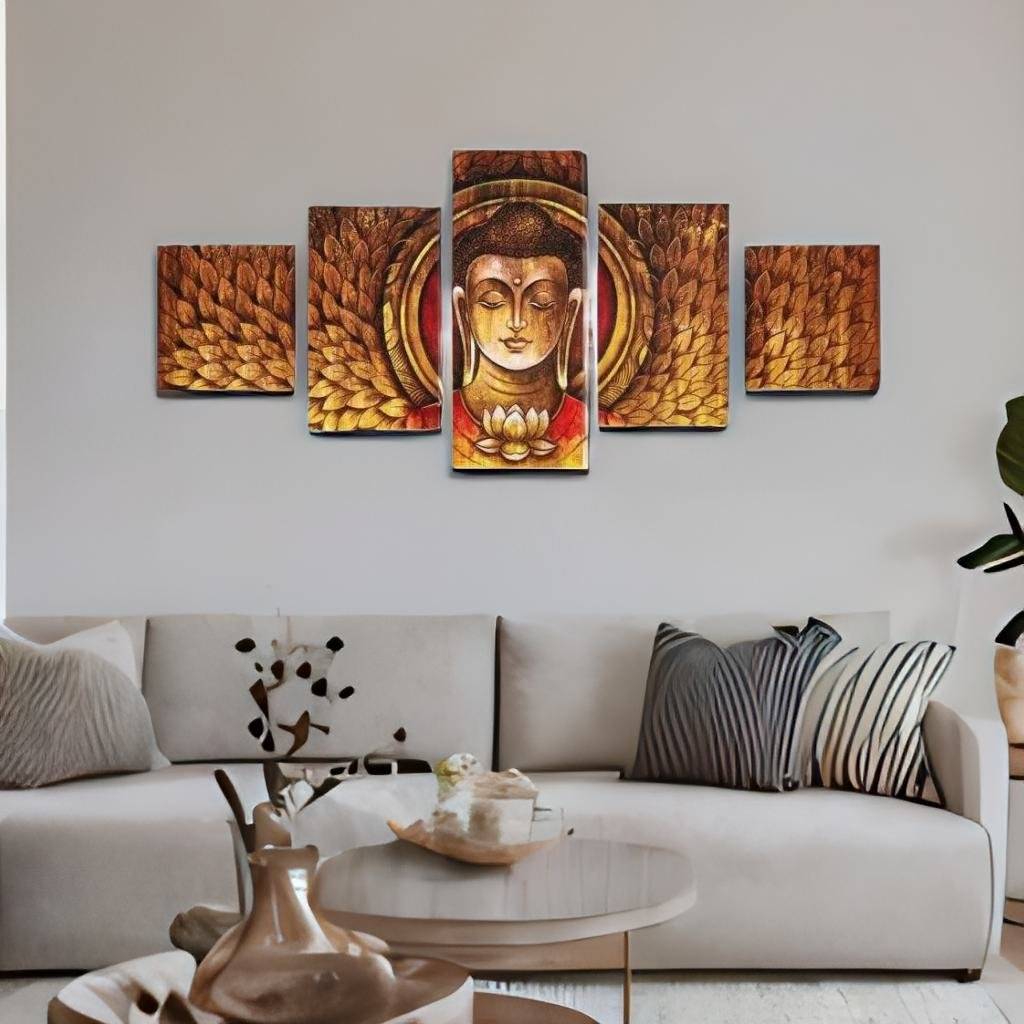 Buddha Mukh Round Painting With 5 Panel- Brown