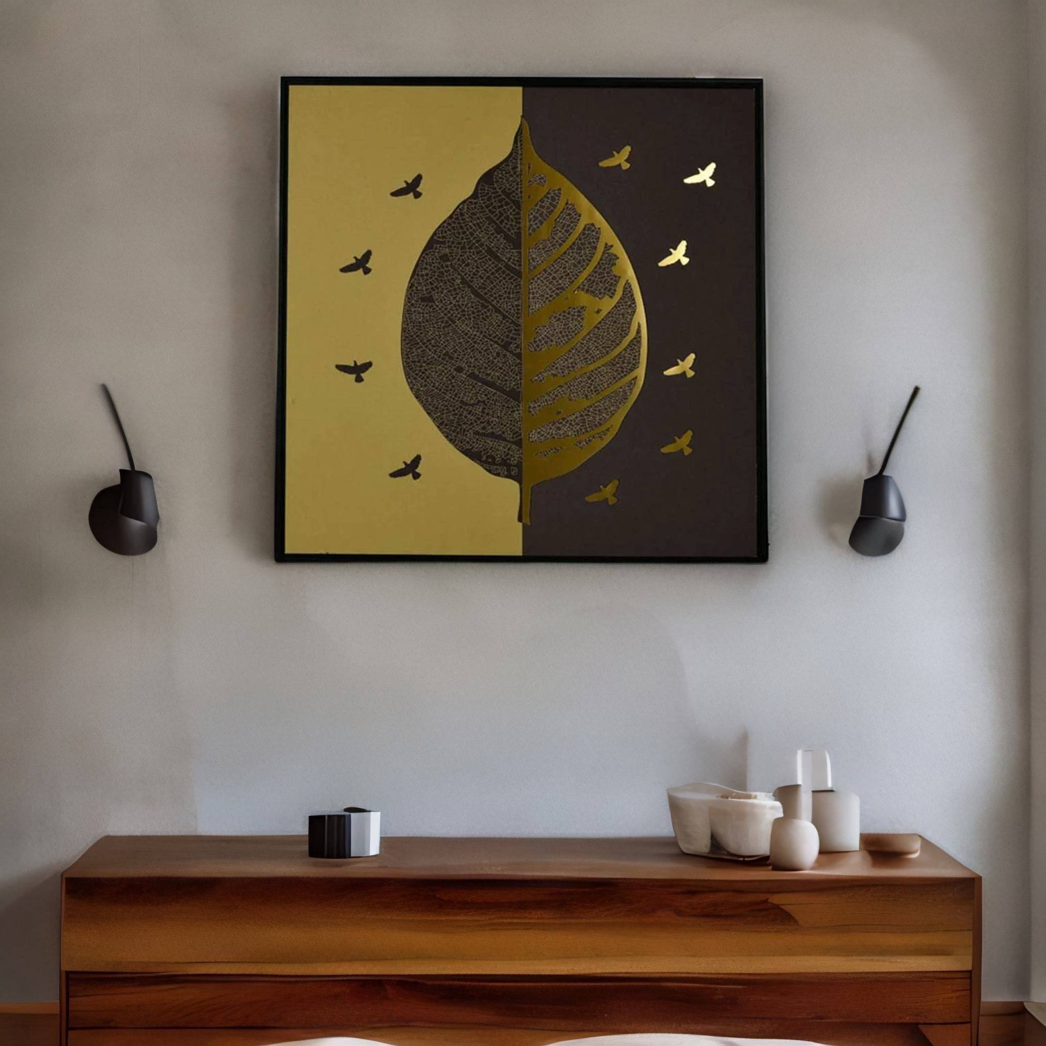 Leaf With Birds Painting- Gold
