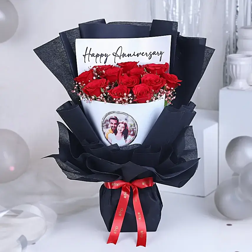 Personalised Anniversary Photo Flower Bouquet & Cake